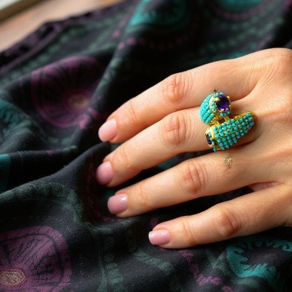 Gold plated twisted Purple CZ and turquoise beads ring various size - Picture 1 of 7